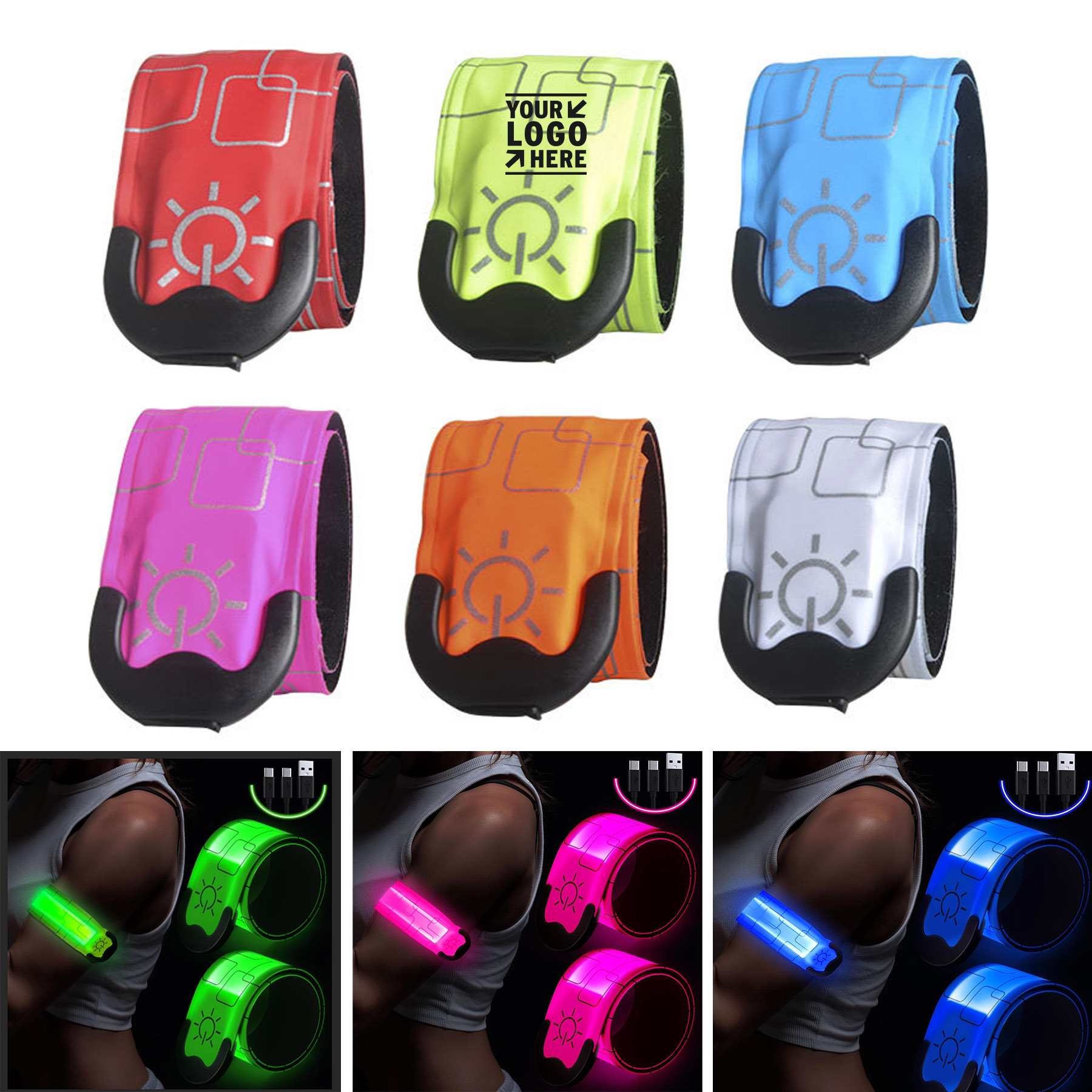 Men Women 2 Pack High Visibility Reflective Running Walking At Night Rechargeable LED Armband 2