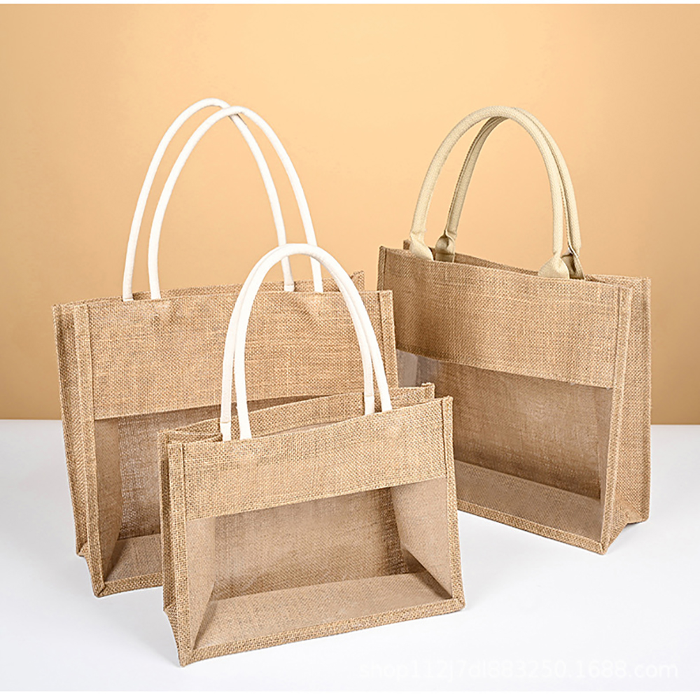 Jute Tote Bag with Transparent Panel, custom tote bag with logo imprint 4