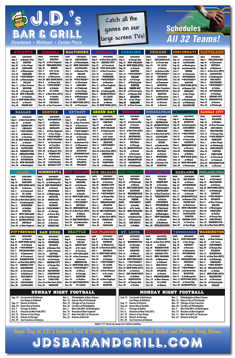 Laminated Card Football Schedule - 11x17 - 14 pt. 2