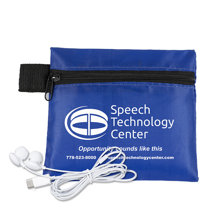 Mobile Tech Earbud Kit In Zipper Pouch Components inserted into Polyester Zipper Pouch 6