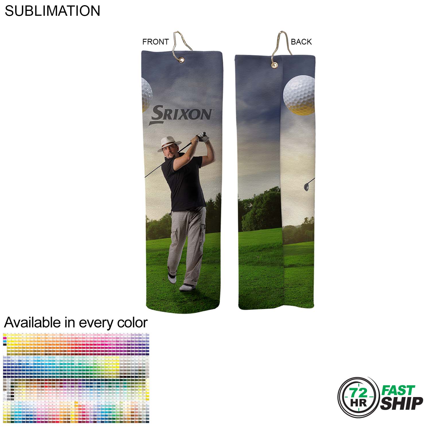 72Hr Fast Ship- Microfiber Dri-Lite Terry Golf Towel, 18" length, Trifold Grommet & Hook, Sublimated 1