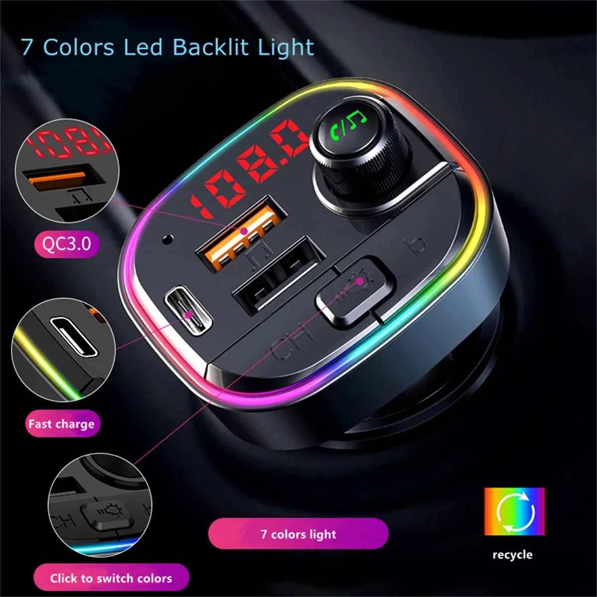 7 Colors Led Backlit Light Bluetooth FM Transmitter for Car 6