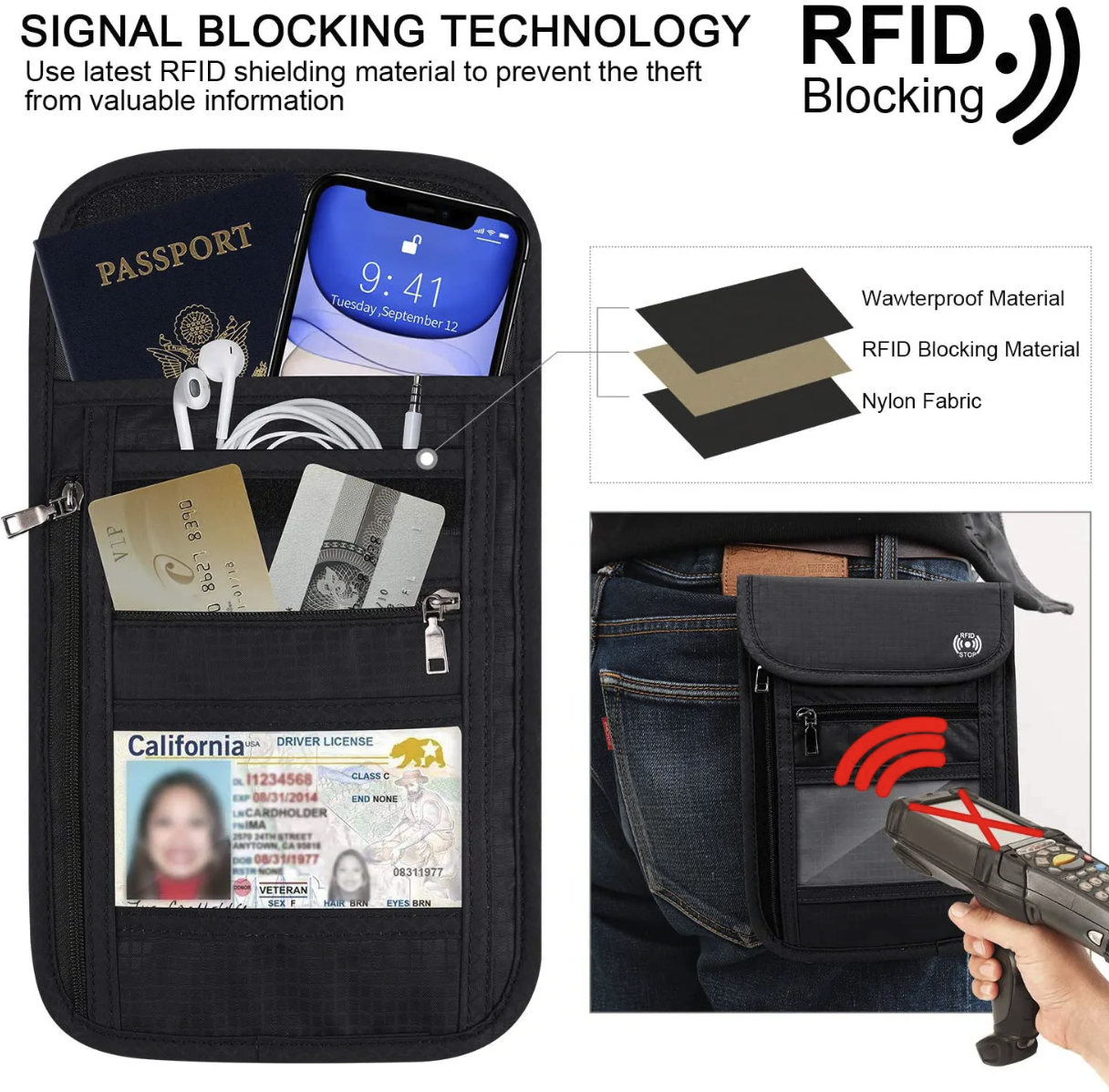 Multifunction RFID Travel Wallet Badge Passport Neck Pouch 5