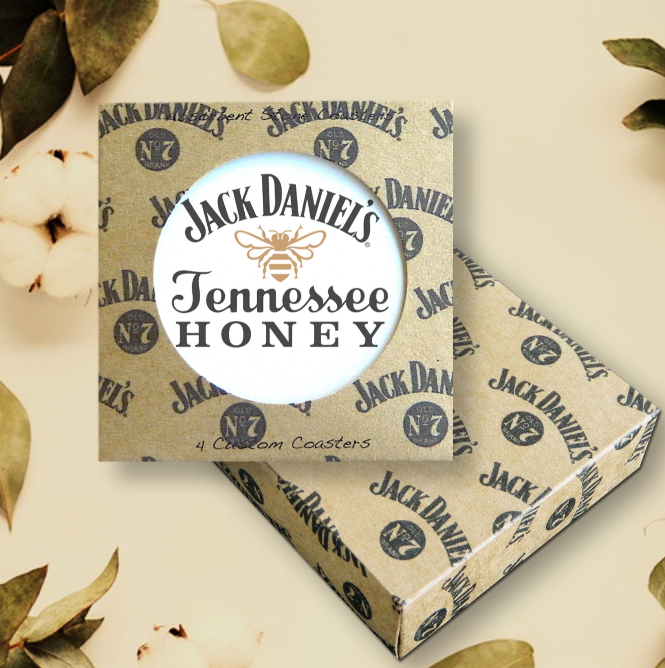 4 Round Absorbent Stone Coasters in a Fully Custom Printed Coaster Box - Basic Print 2