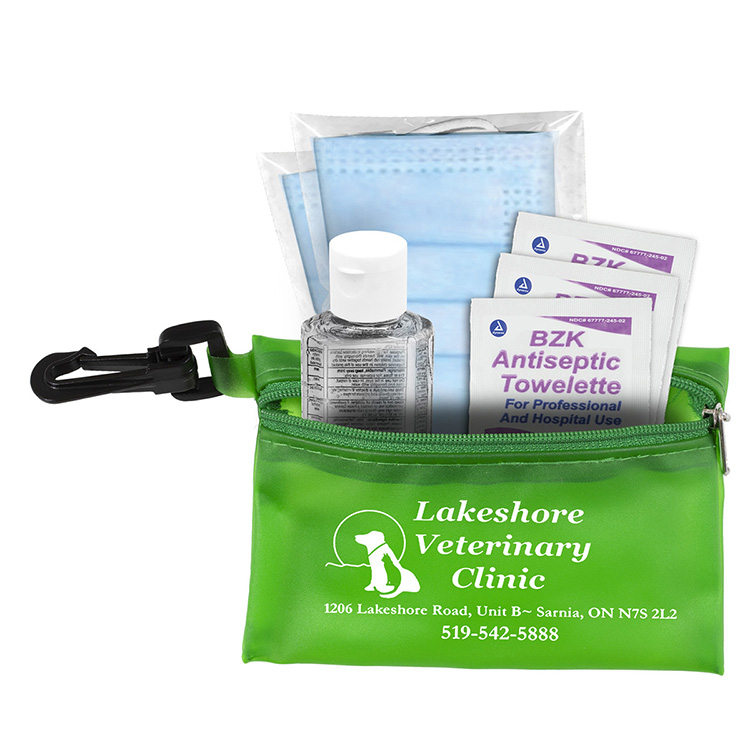 "Everything Essential" Mask & Sanitizing Protection Pack in Translucent Zipper Pouch With Plastic Ho 5
