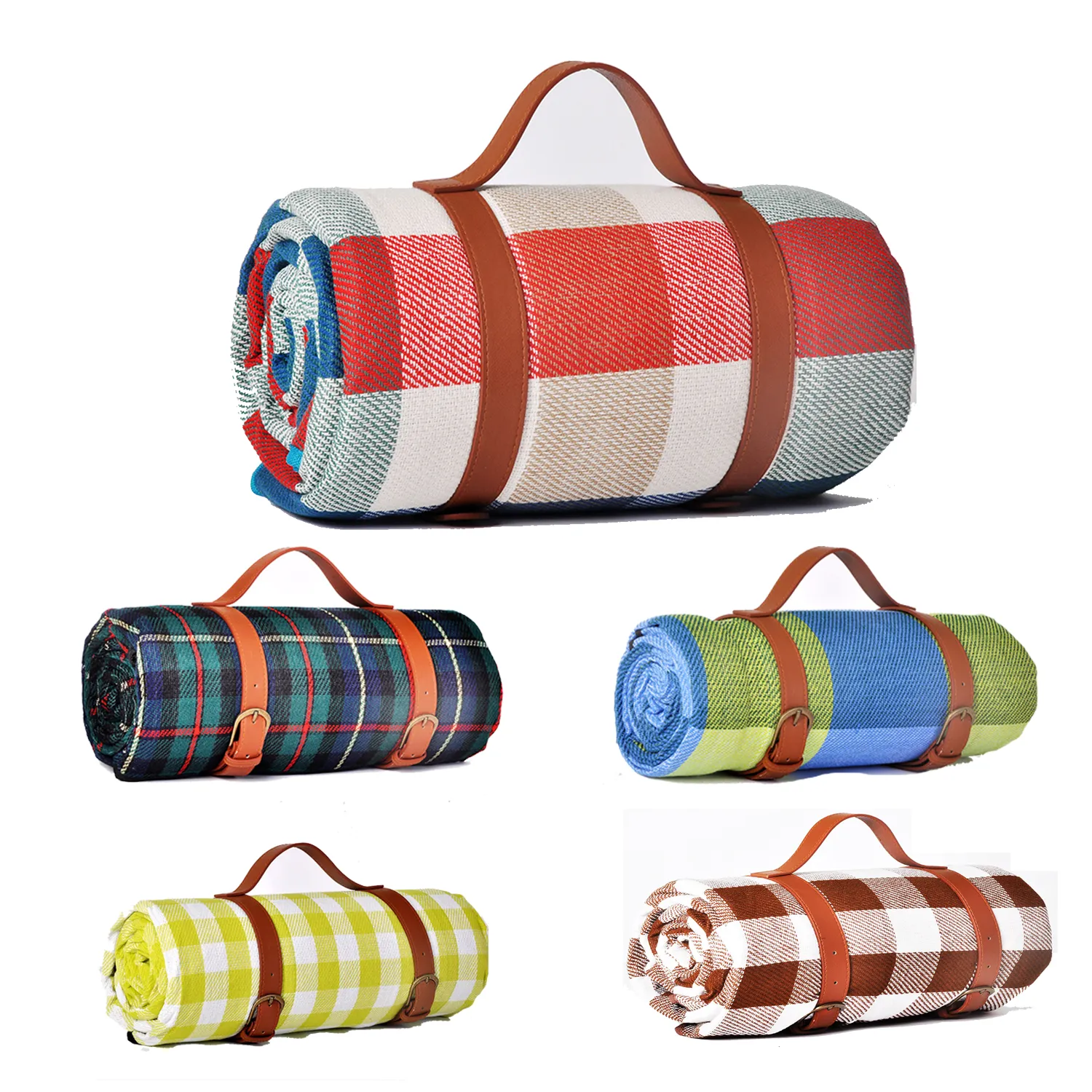 Plaid Picnic Mat With Leather Strap 5