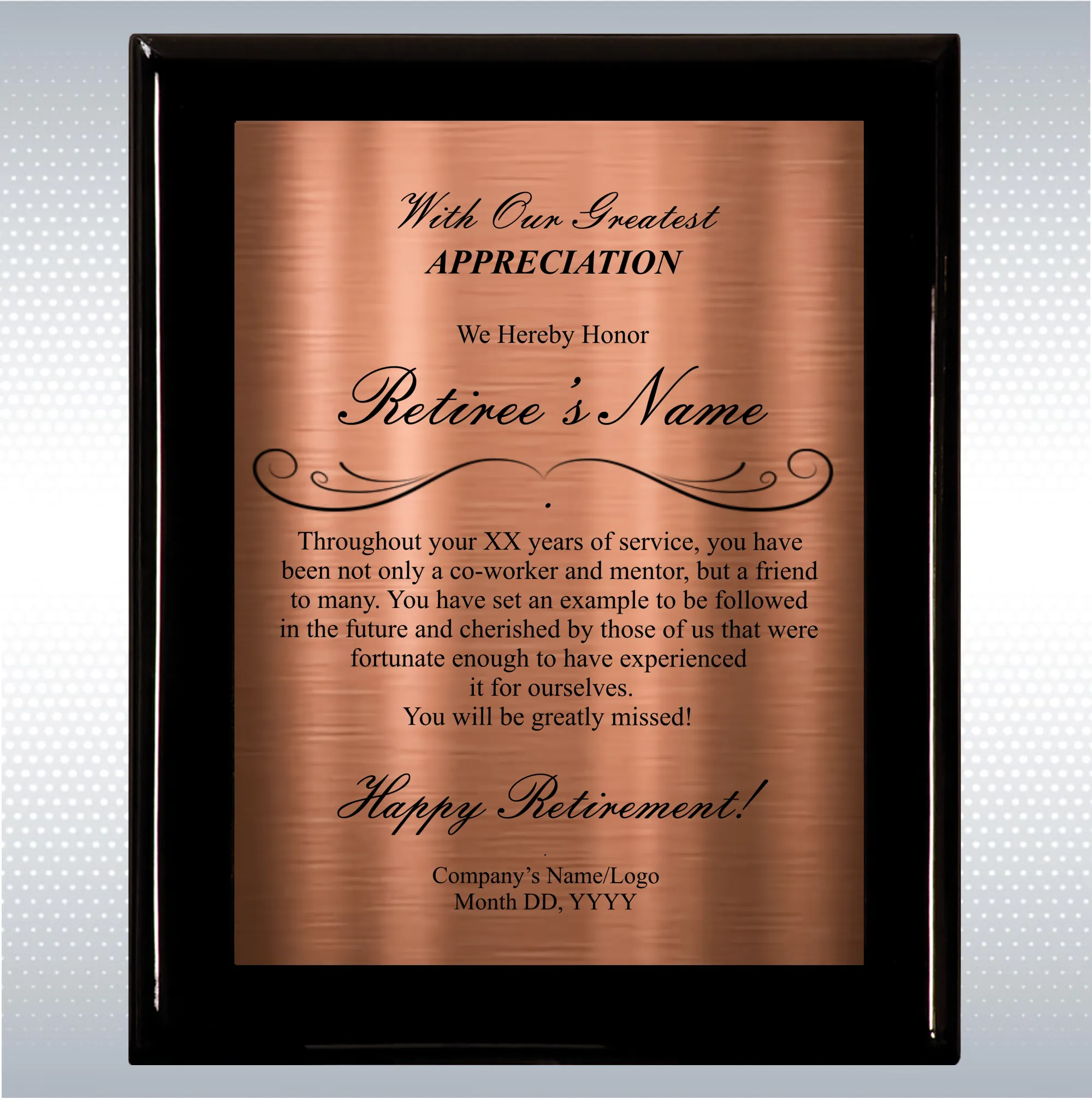 Black Piano Finish Wood Plaque Retirement Gift Award 21