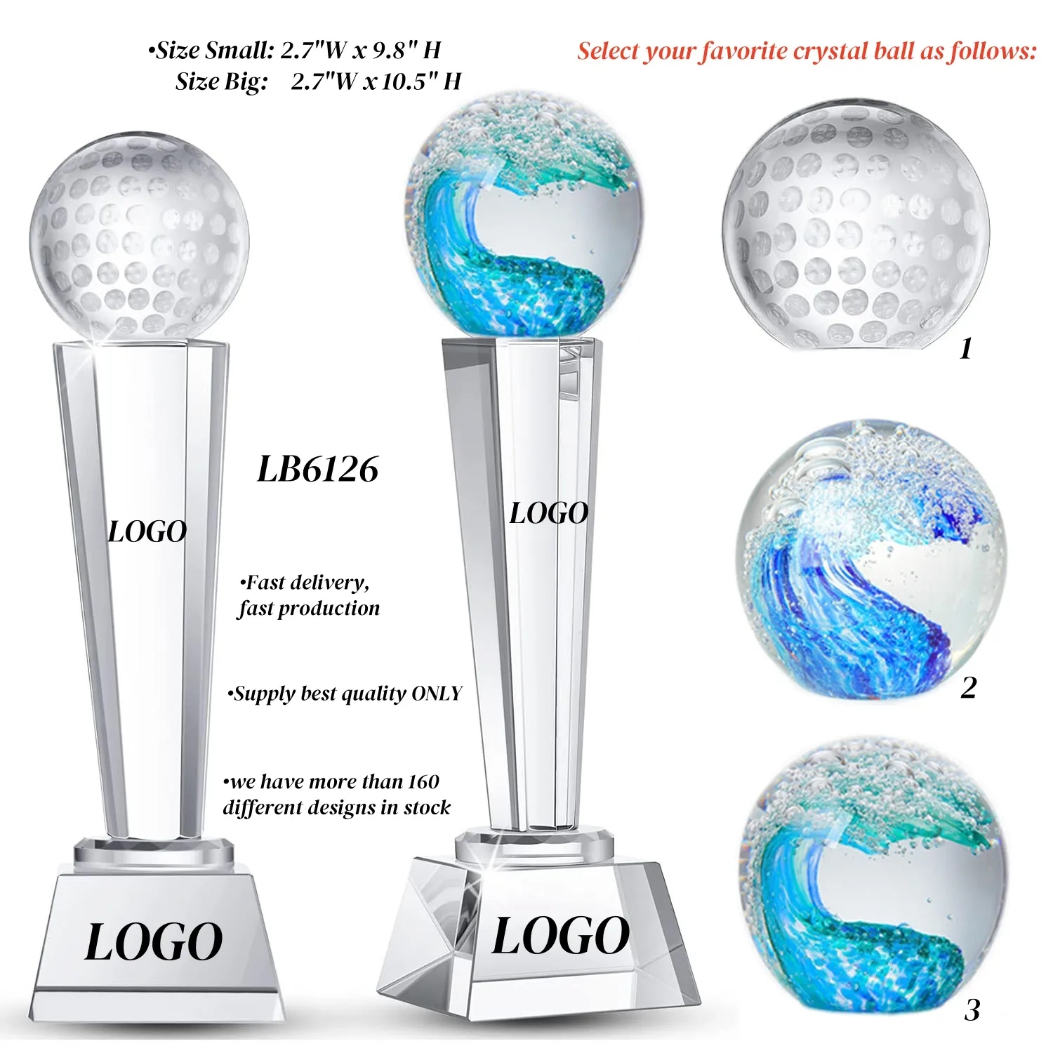 Crystal Award Golf Trophy Cup with Glass Ball Paperweight 3
