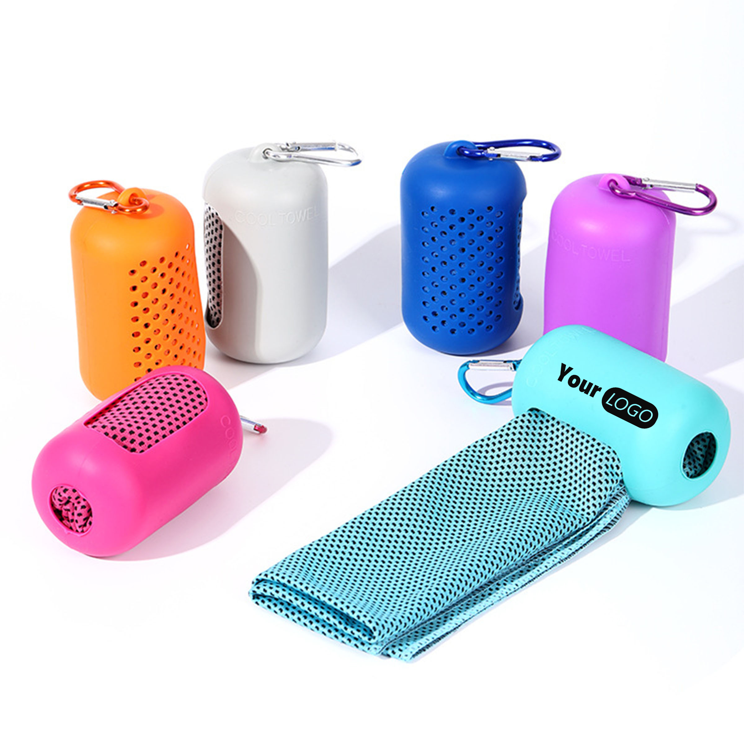 Polyester Portable Cooling Towel With Ventilated Case And Carabiner Clip 2
