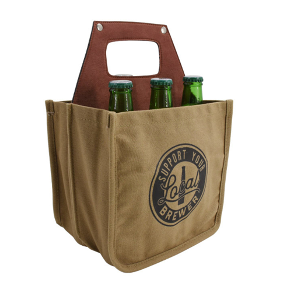 6 Pack Canvas Bottle Cooler w/Leather Handle 2