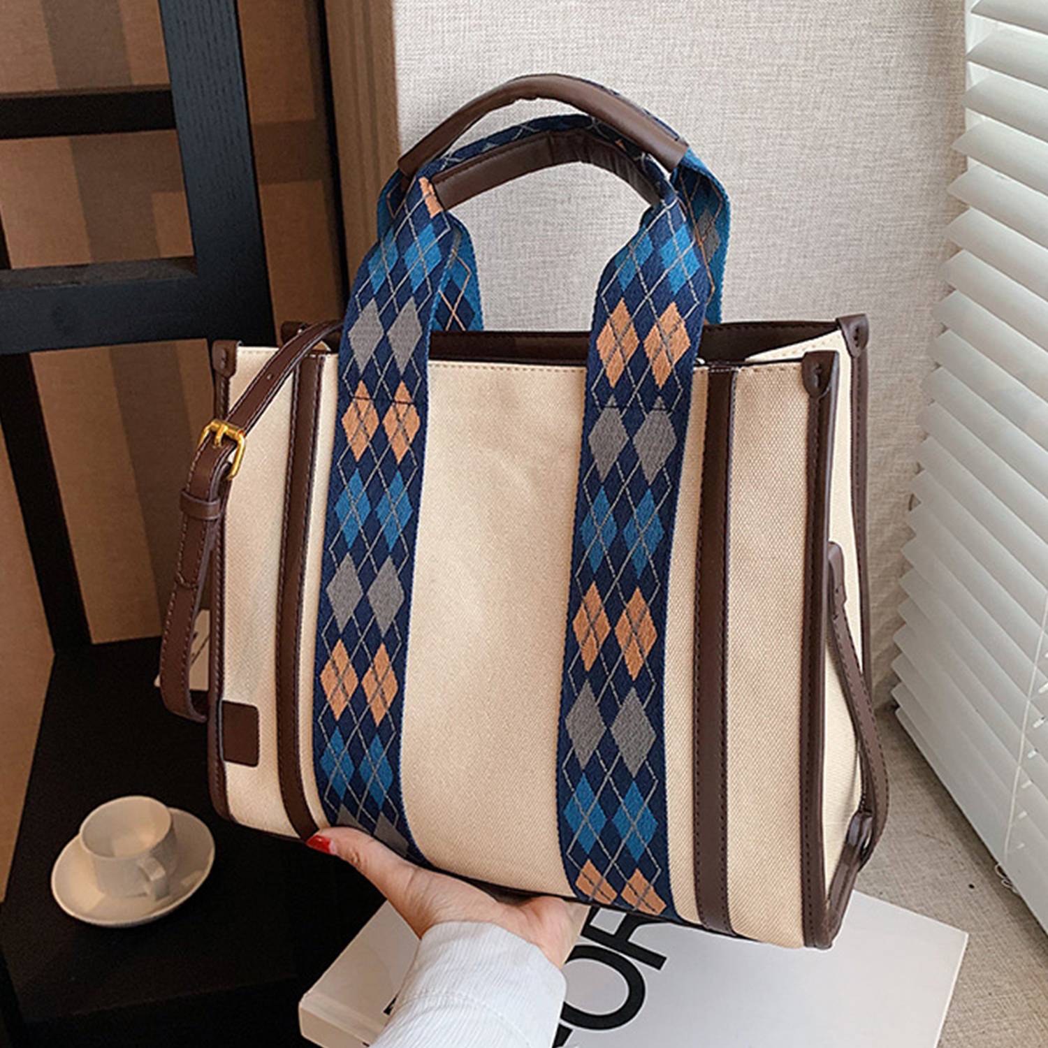 Canvas Crossbody Bag Fashion Color Clash Tote for Women 5