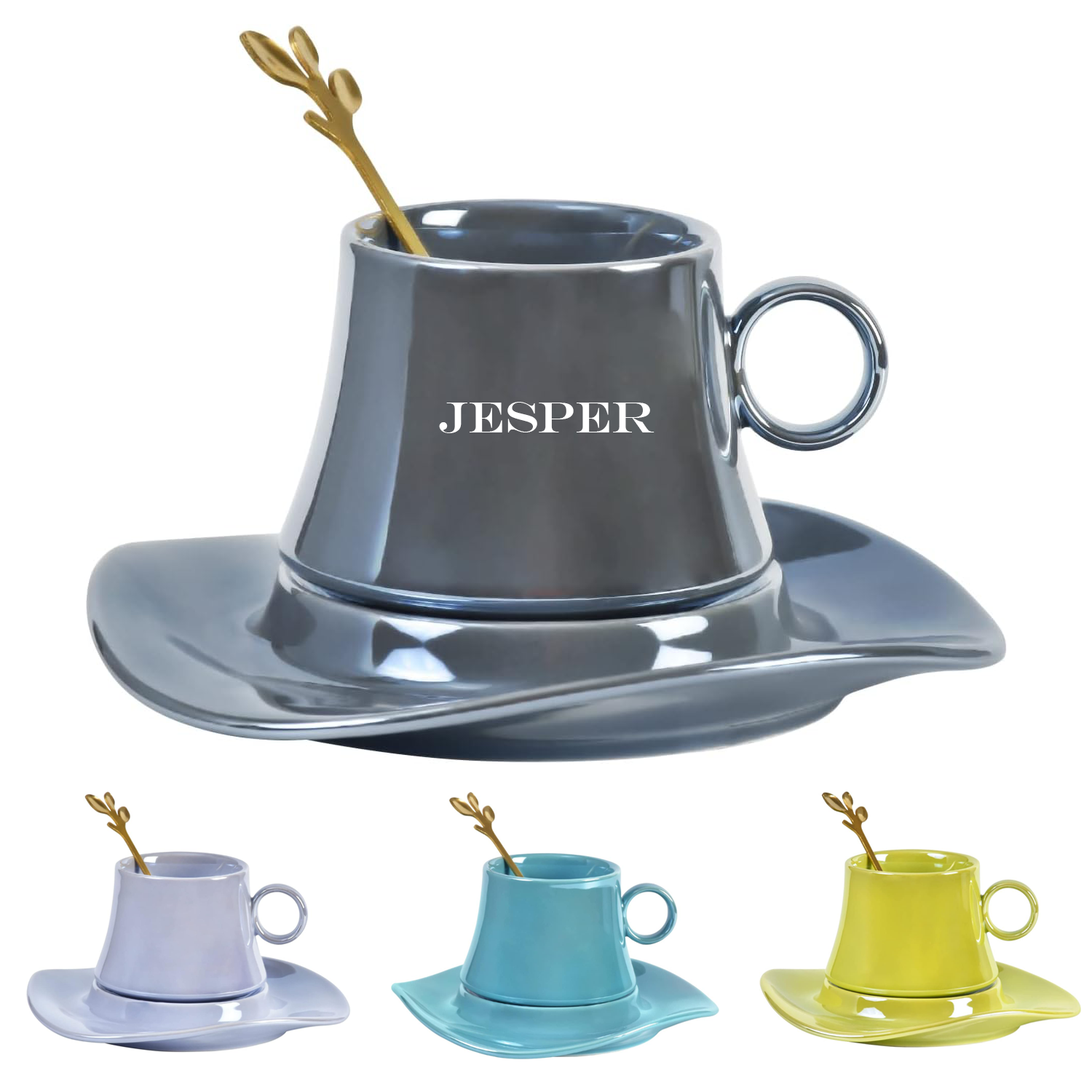 5.5Oz Cute Creative Ceramic Coffee Mug With Saucer Set 7
