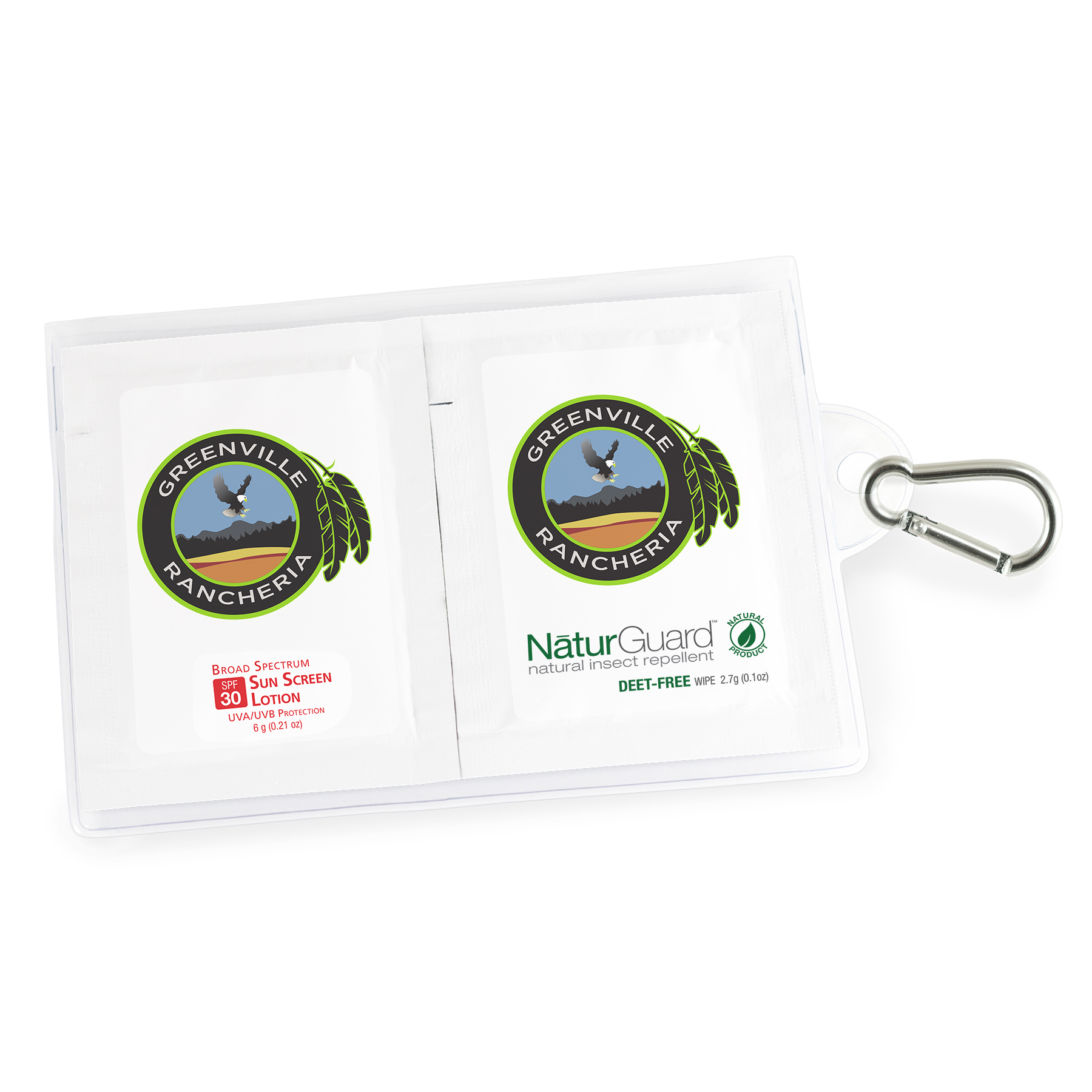 GoPac with Insect Repellent and Sun Screen Packettes, with Carabiner, Label Imprint 1