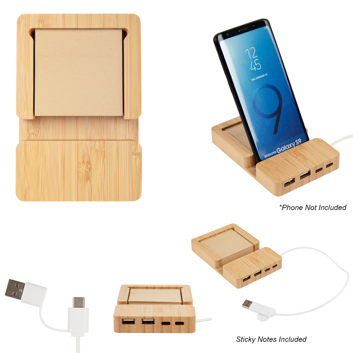 Bamboo Multi-Port Hub With Phone Holder & Sticky Notes 2