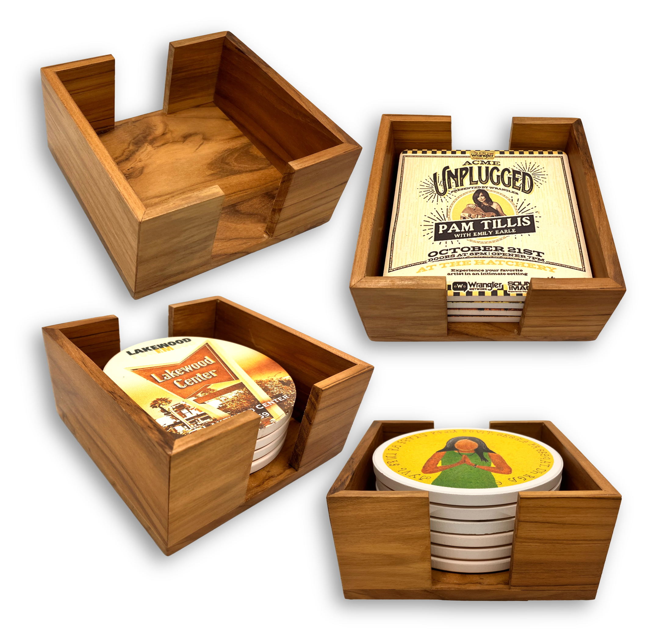 Maple Finish Wooden 4 Coaster Holder Sets 3