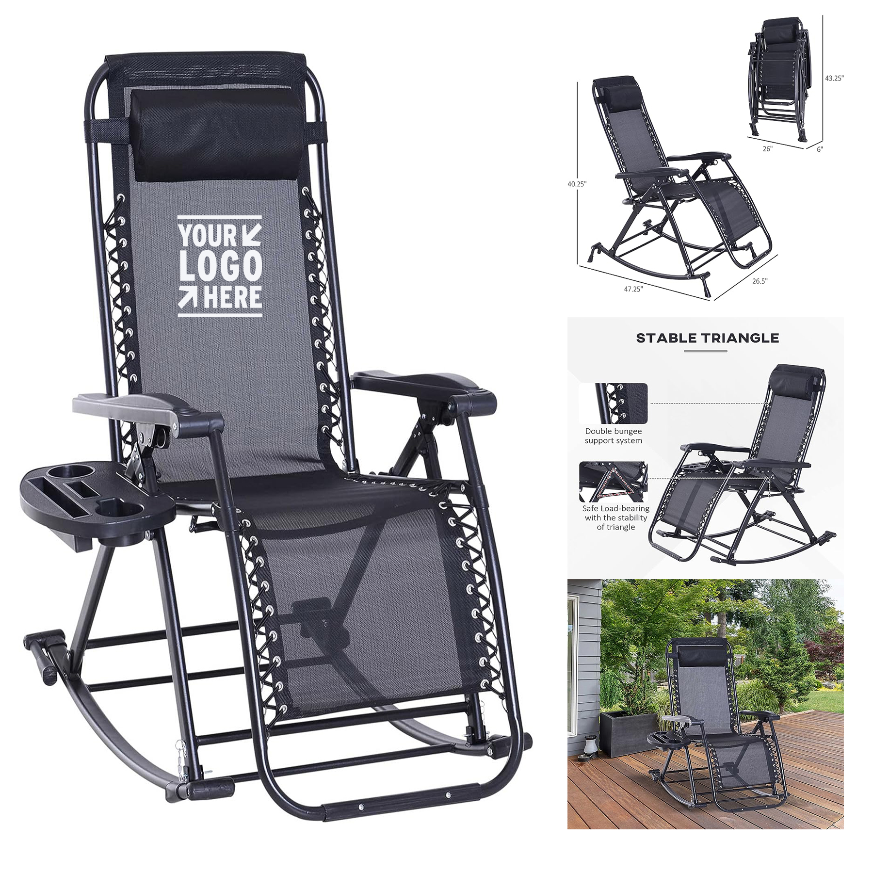Outdoor Foldable Reclining Anti Gravity Lounge Rocker w/Pillow Chair