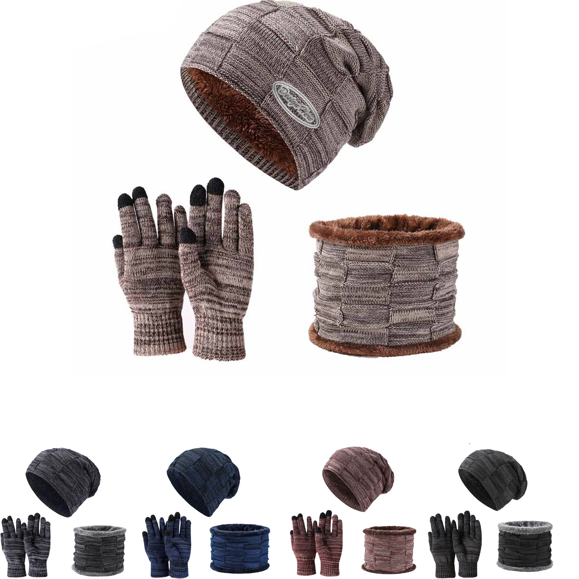 Thick Fleece Knit Hat, Scarf & Gloves Set for Winter 2