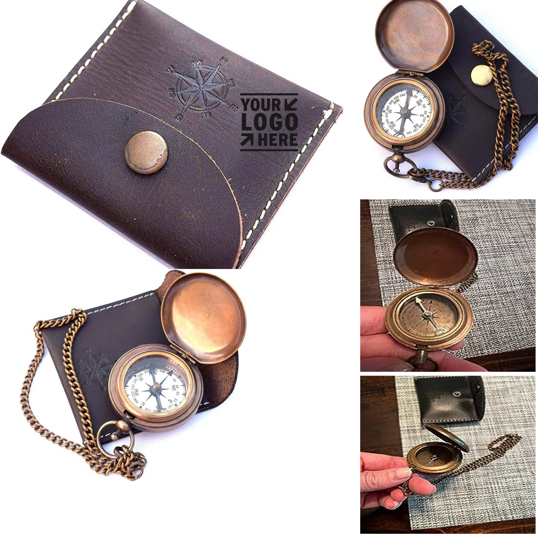 Handmade Nautical Brass Push Open Pocket Compass On Chain With Leather Case 2