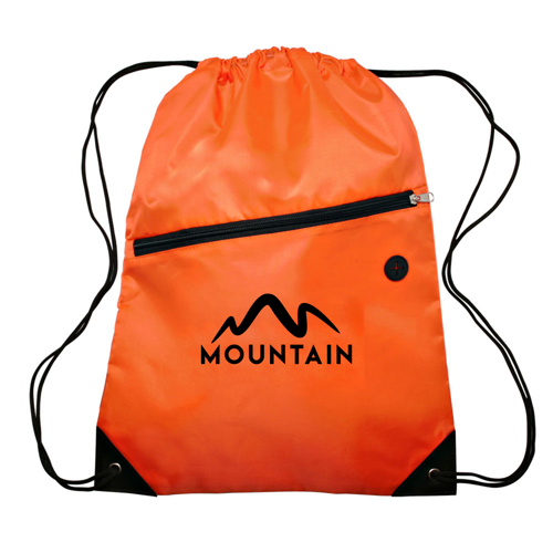 Polyester 210D Drawstring Bag w/ Zippered Pocket - 13.5"W x 5