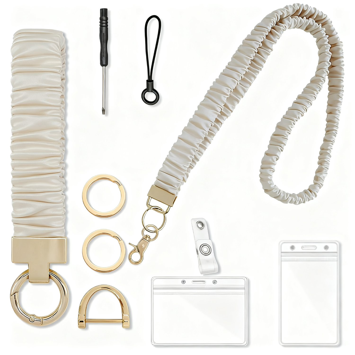 Pleated Polyester Neck Lanyard Wristlet Set w/ ID Holder 14
