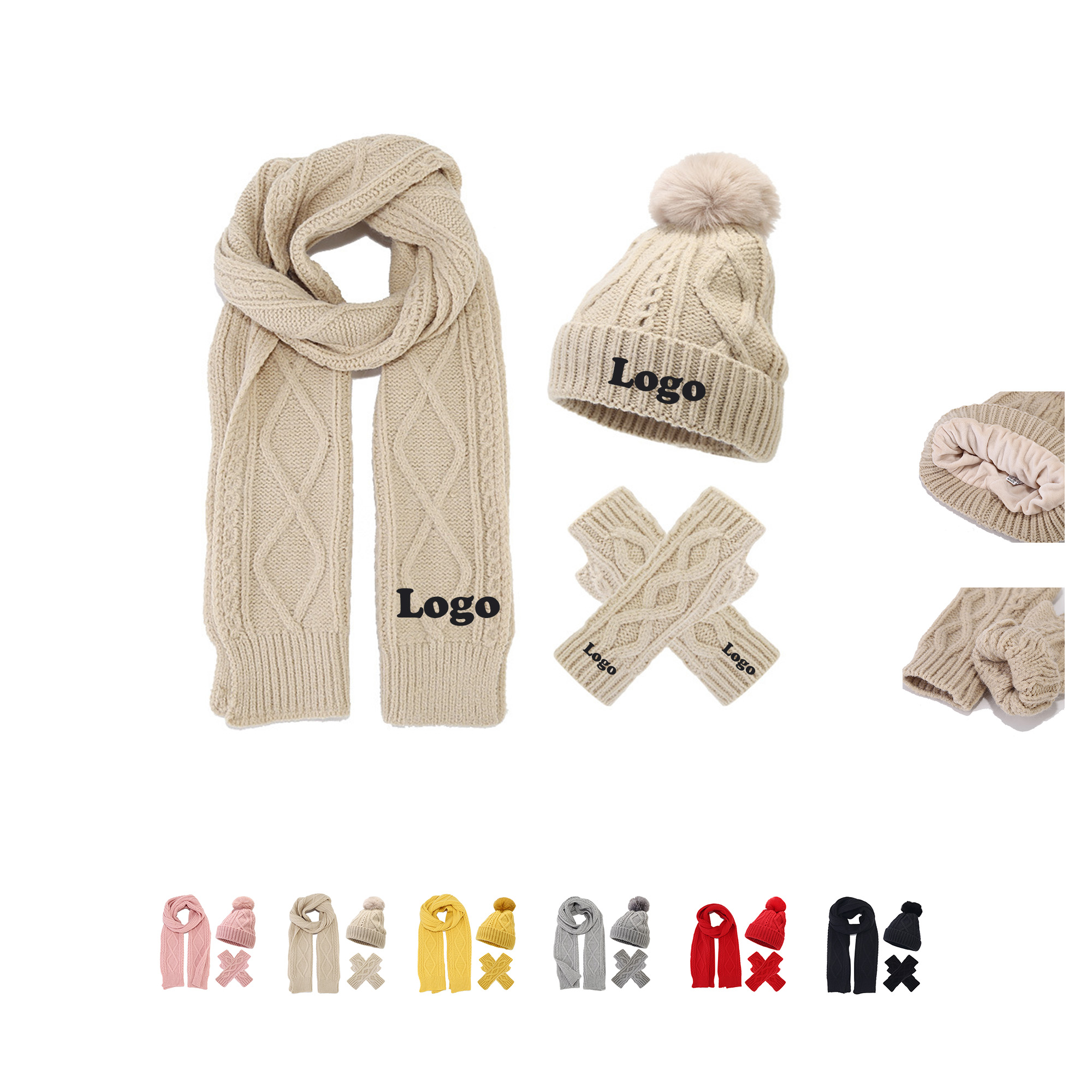 3Pcs Winter Knit Long Scarf Touch Screen Gloves Set 5