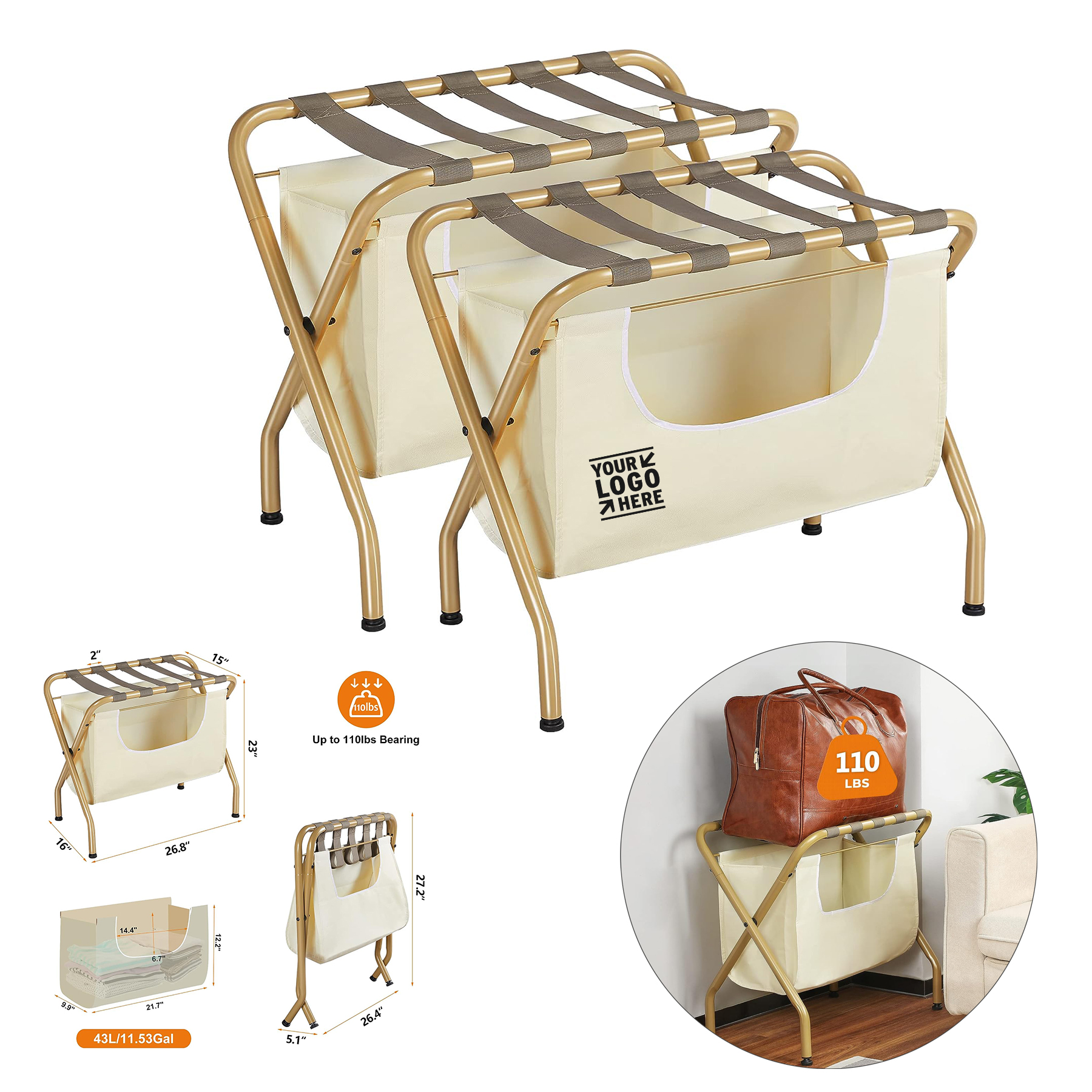 Hotel Guest Room Folding Space Saving Max 110LBS Suitcase Holder Shelf Luggage Rack with Laundry Bag