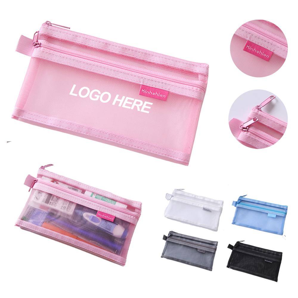 Transparent mesh storage bag Double layer stationery bag 2