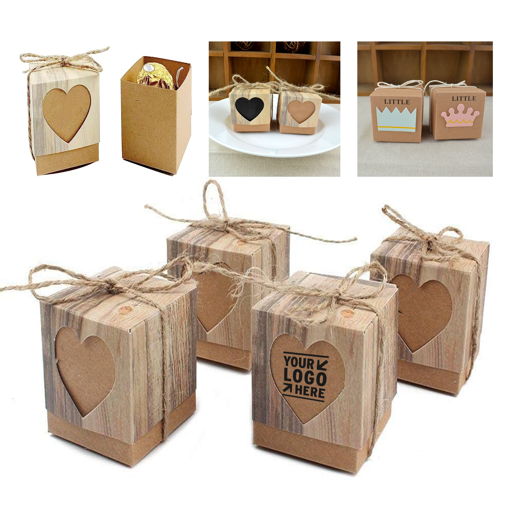 2 x 2 x 2" Candy Favor Boxes Vintage Kraft with Burlap Twine 2
