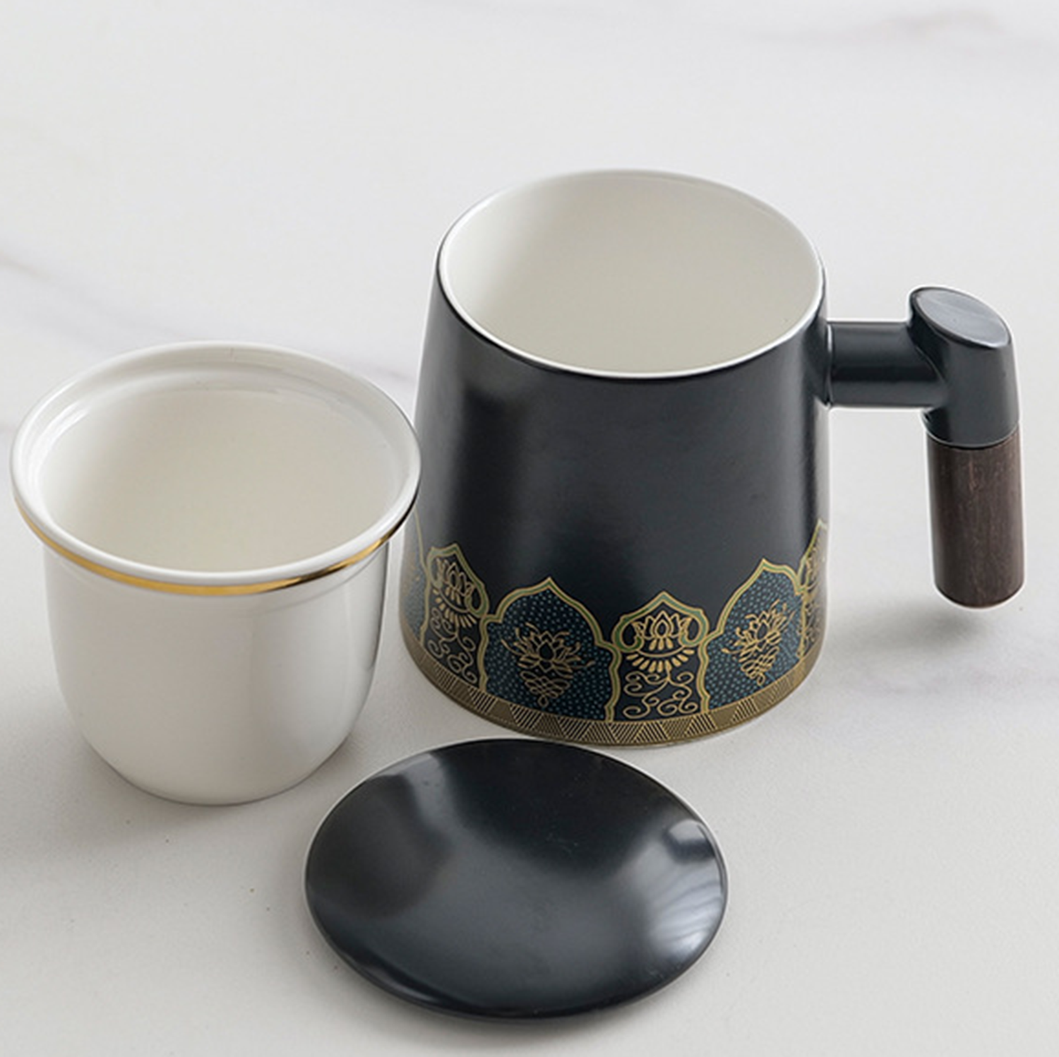 Ceramic Tea Cup With Infuser And Lid Mugs Wooden Handle 6