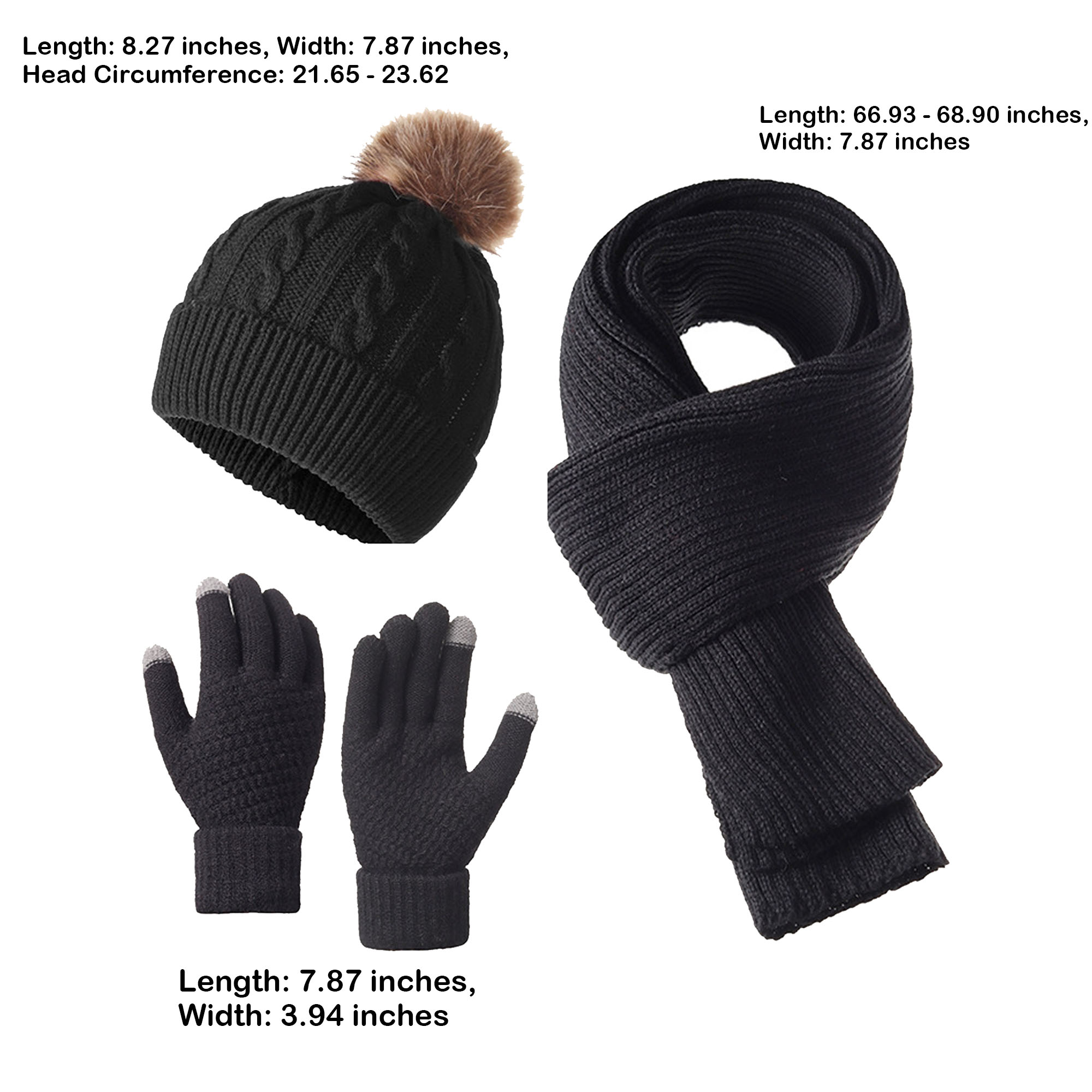 Acrylic Winter Knitted Beanie Hat Scarf Glove Set 3