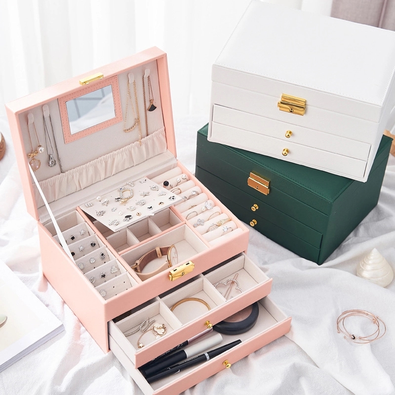 Custom 3-Layer PU Jewelry Organizer Box with Drawer & Mirror 2
