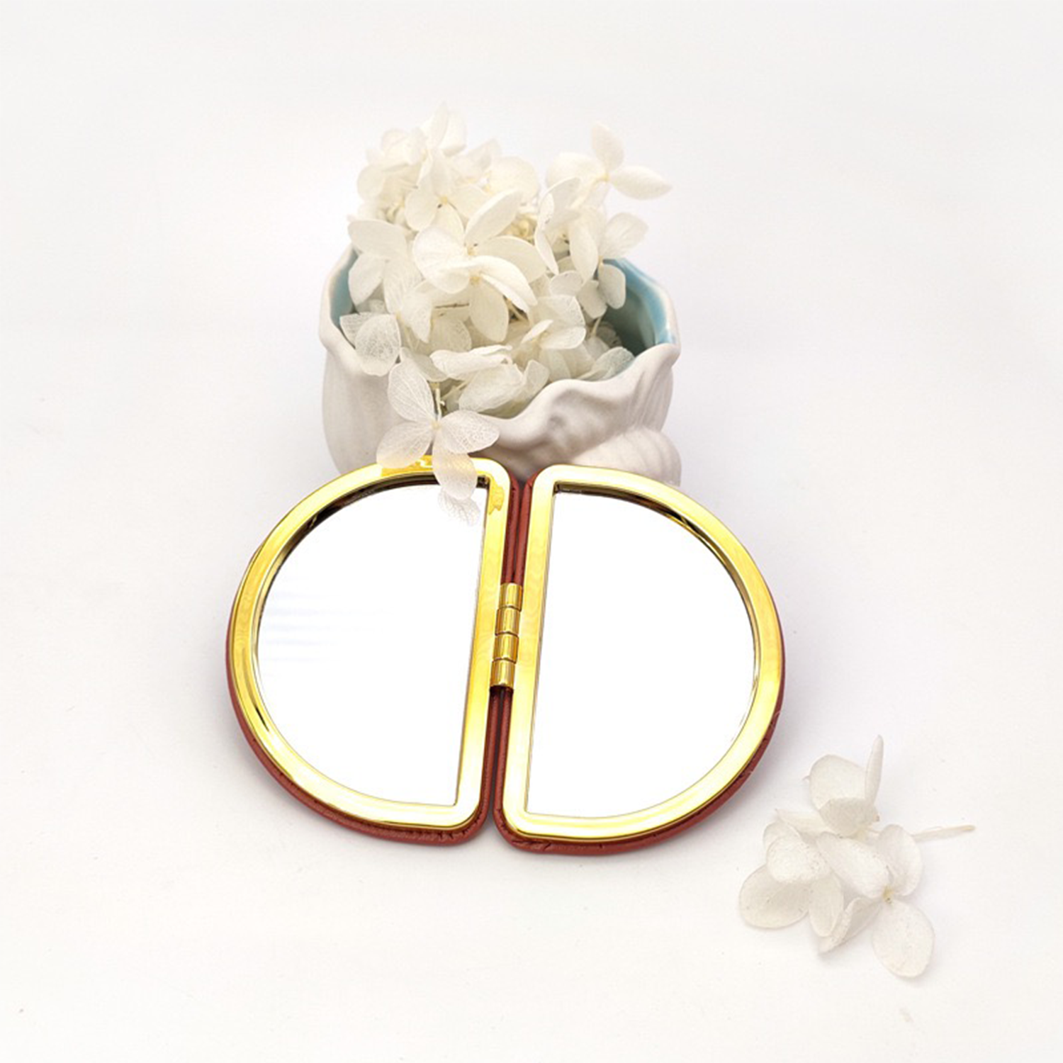 foldable oval magnifying Makeup PU Leather vanity Mirror 4