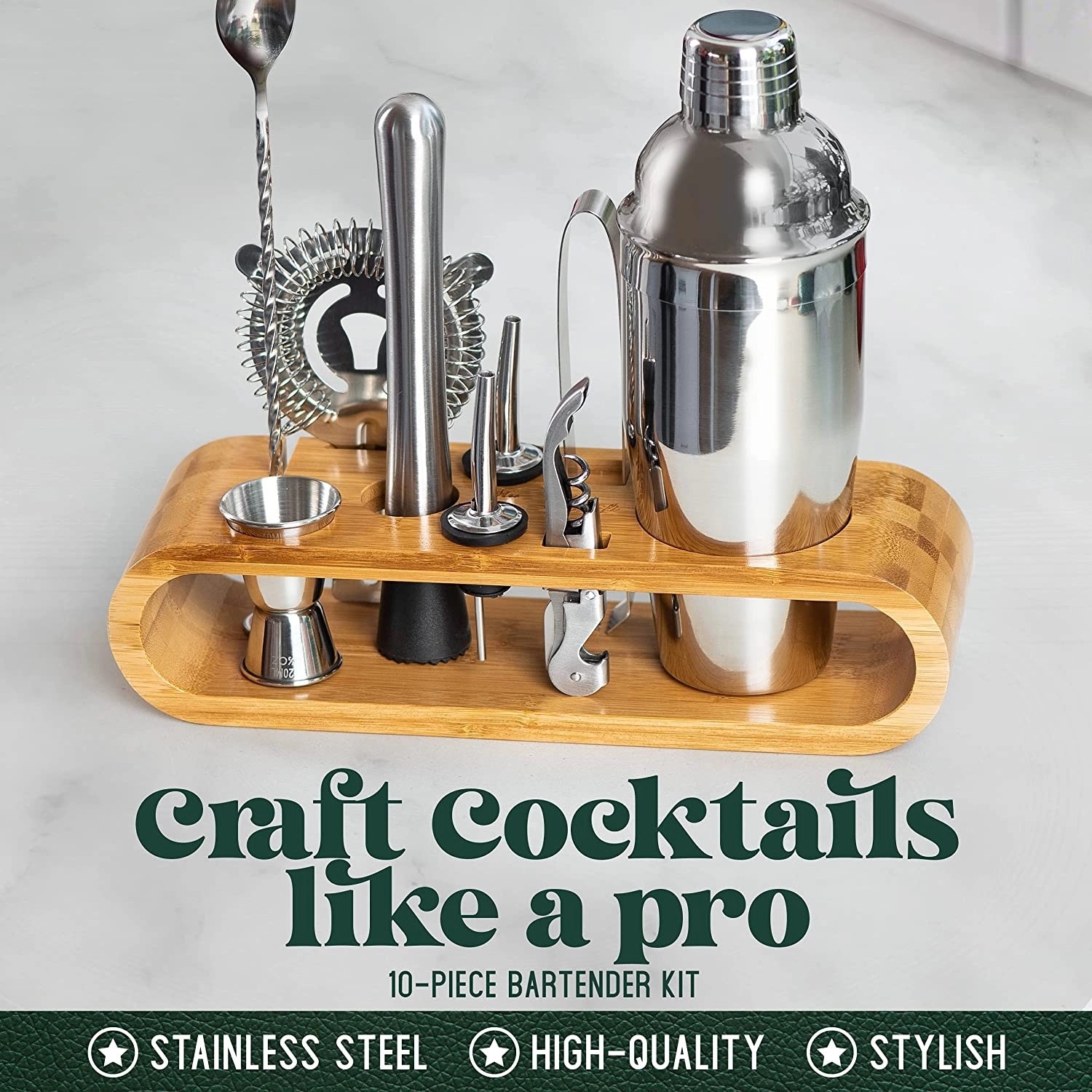 10-Piece Bar Tool Cocktail Shaker Set With Bamboo Stand 3