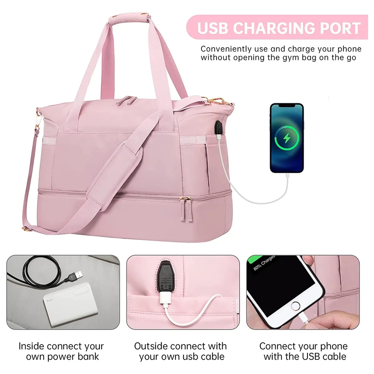 Sports Travel Duffel Gym Yoga Bag with USB Charging Port 3