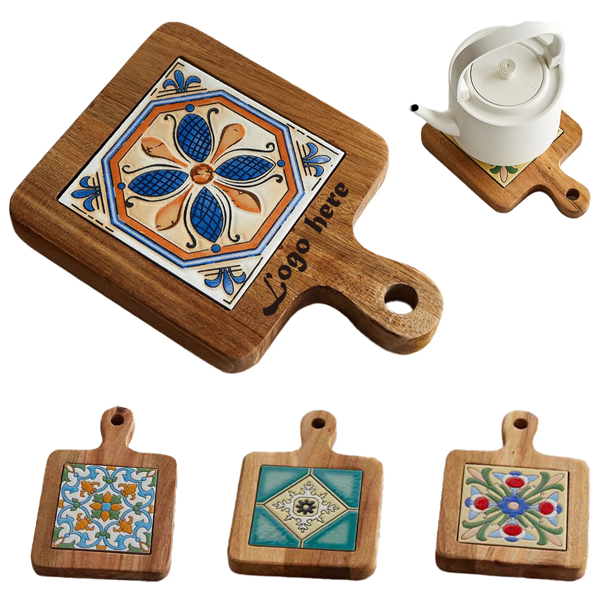 Custom Acacia Wood Trivet with Ceramic Tile Inlay 2