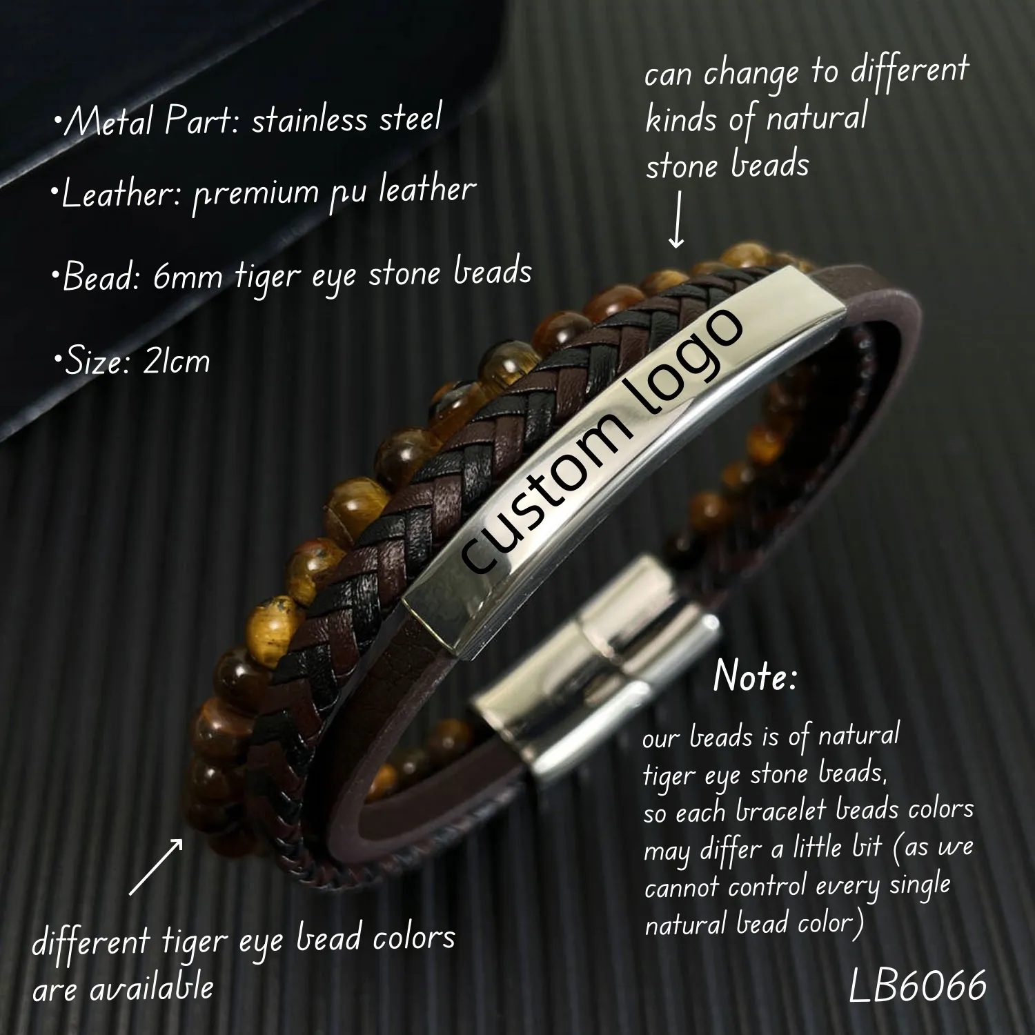 Tiger Eye Bead Men Bracelet Leather Gift for Him 4