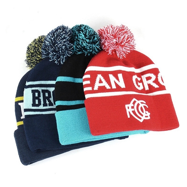Striped Knit Beanie With Cuff and Pom-Pom 1