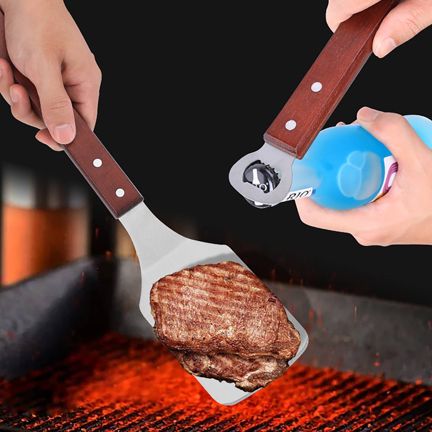 Wooden Handle Stainless Steel Spatula W/ Bottle Opener 6