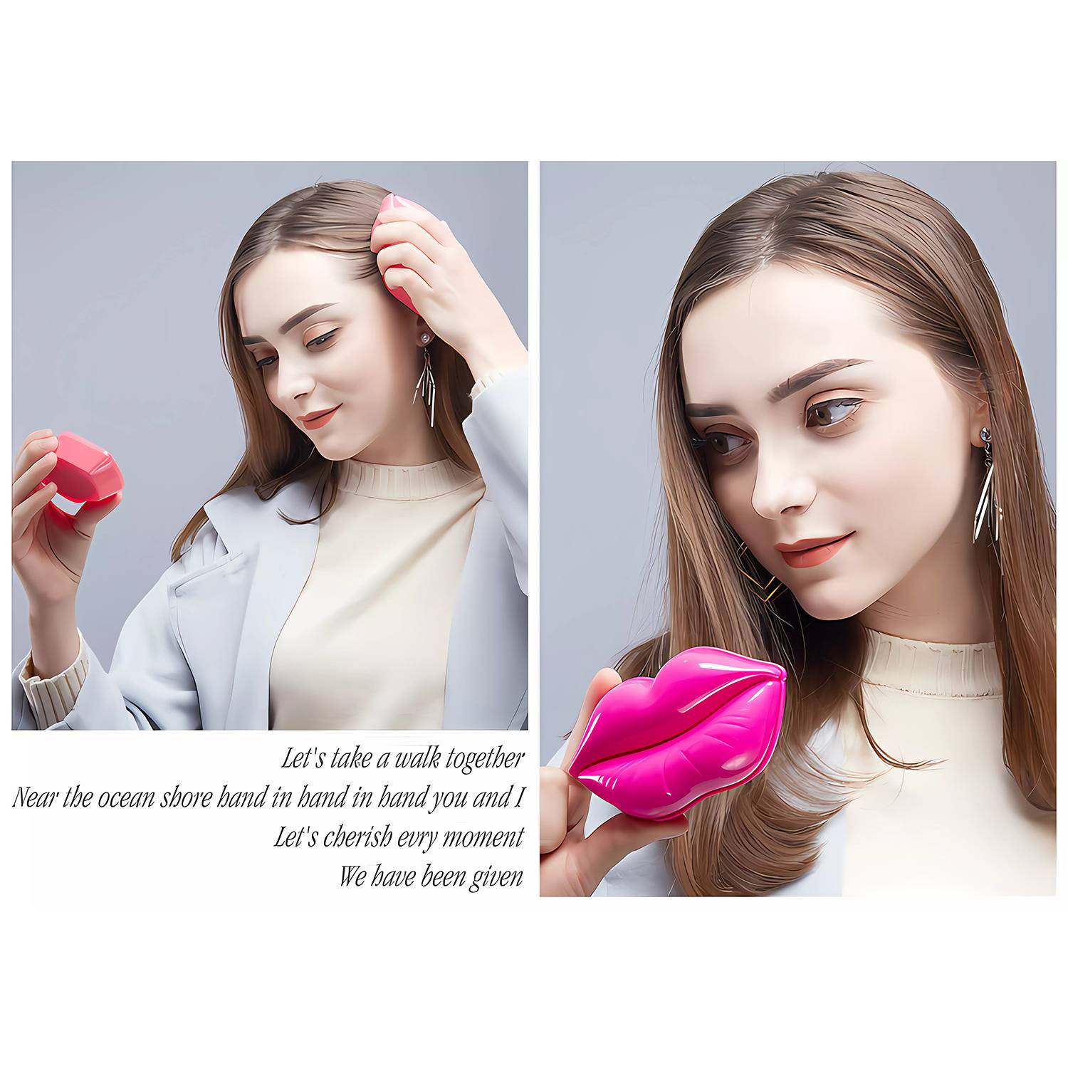2-In-1 Lip-Shaped Foldable Mirror w/ Hair Brush 4