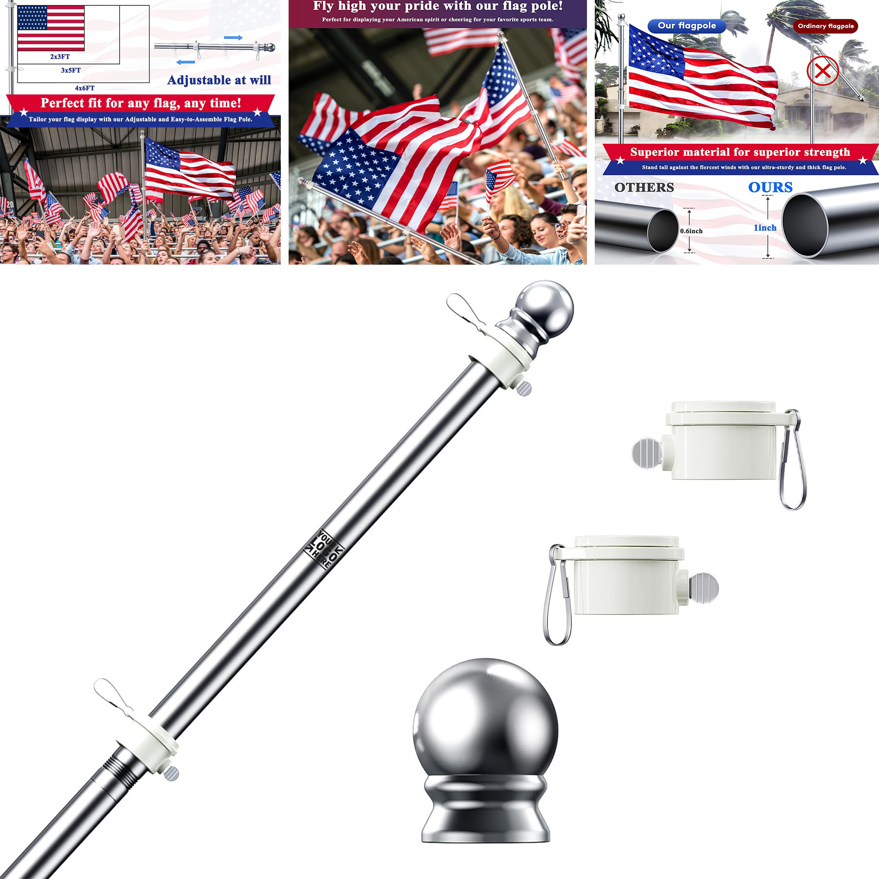 Outdoor 6 FT Tangle Free Spinning Rustproof Stainless Steel 1" Dia Flagpole for Heavy Garden Flag