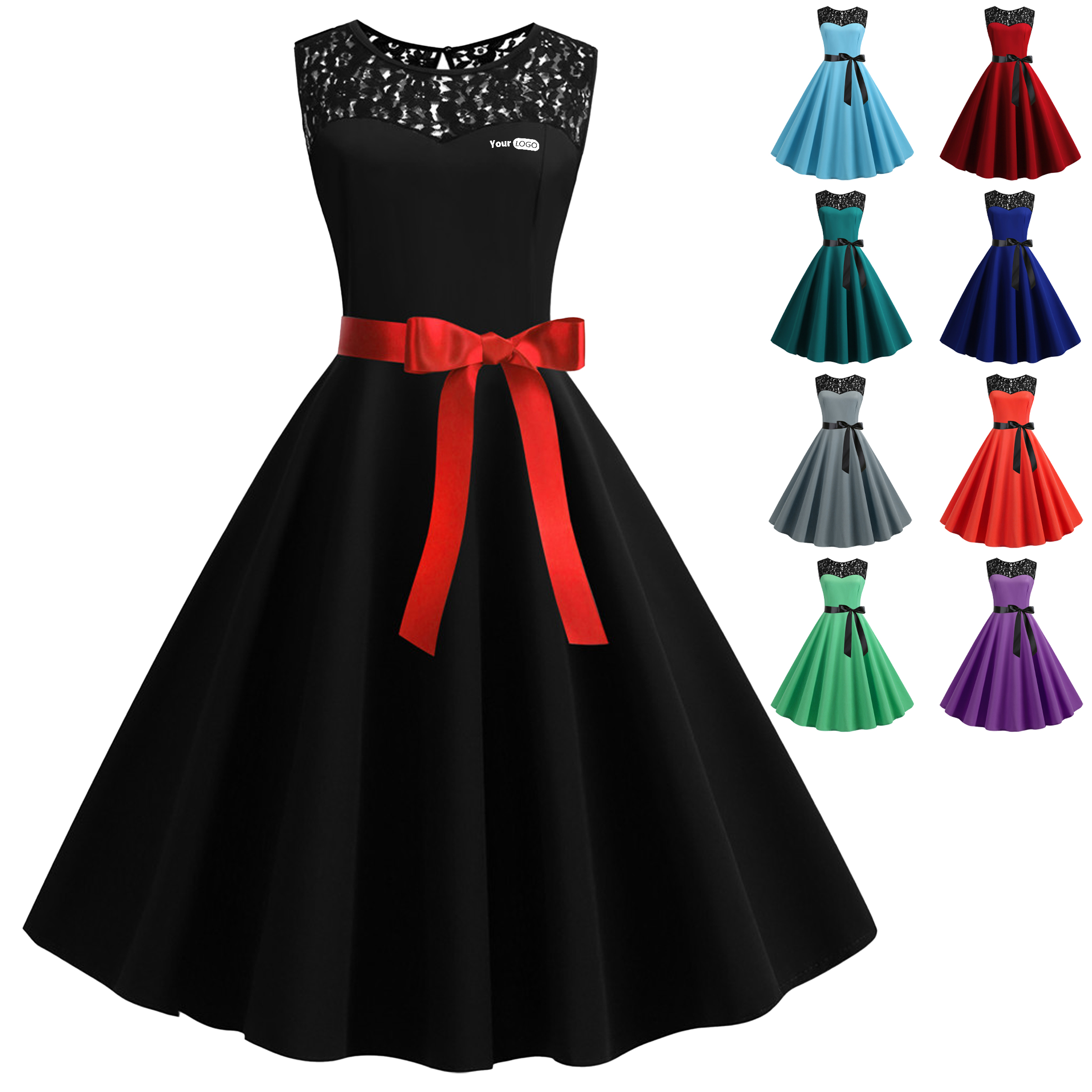 Polyester Retro Sleeveless Lace Patchwork Dress 5