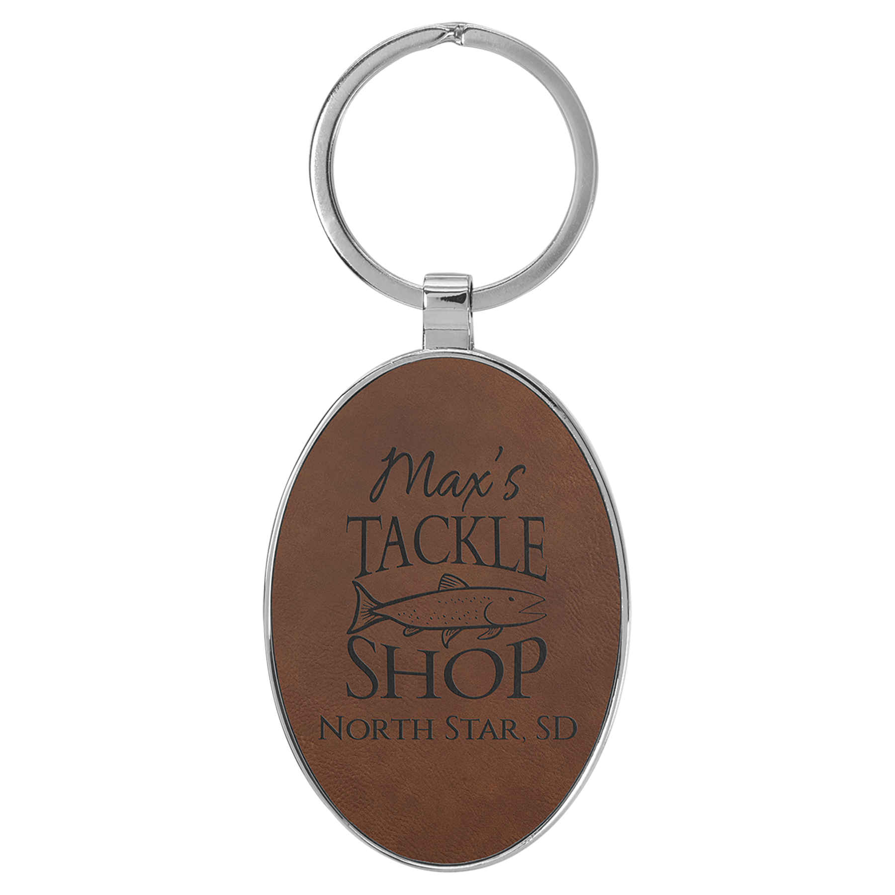3" x 1 3/4" Leatherette/Metal Dark Brown Oval Keychain 2