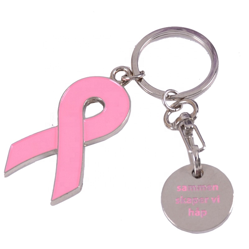 Breast Cancer Awareness Ribbon Charm Keychain w/ Metal Tag 2