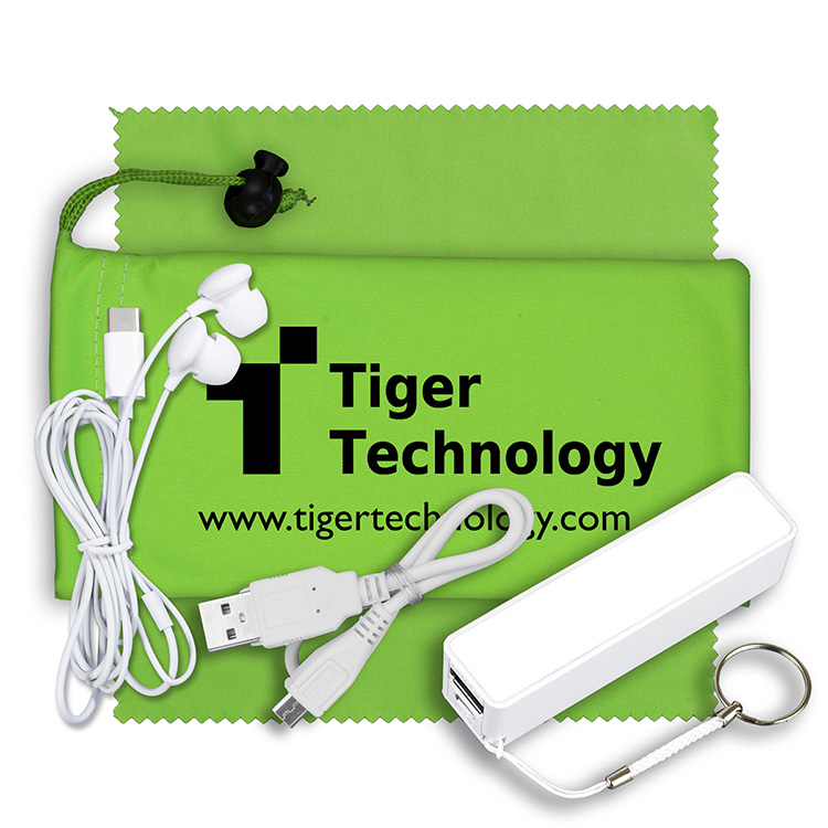 Mobile Tech Power Bank Accessory Kit with Earbuds in Microfiber Cinch Pouch 1