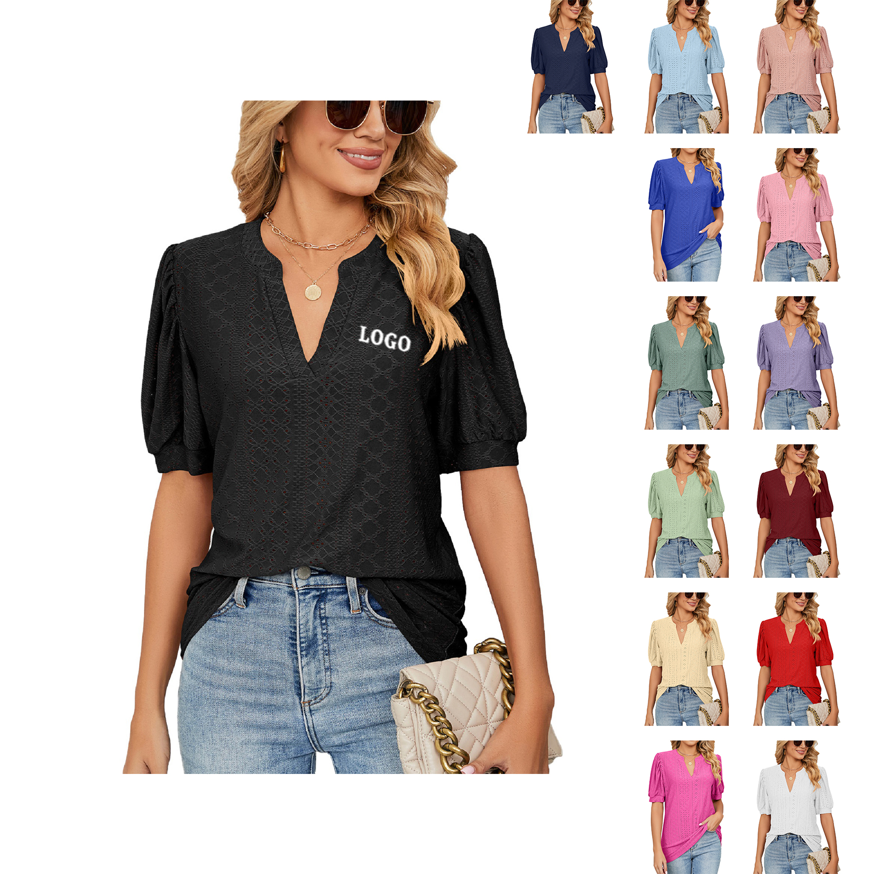Women's Casual V Neck Solid Color Hollow Short Sleeve 15