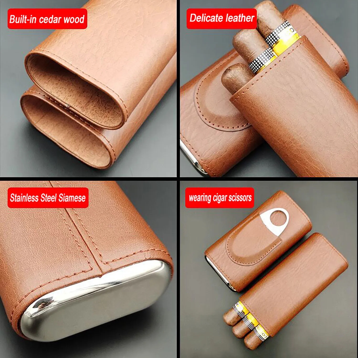 3- Finger Brown Leather Cigar Case with Cutter 4