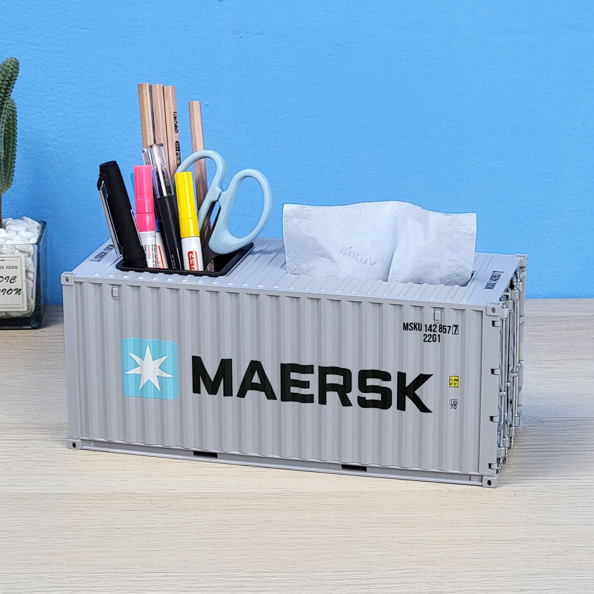 Shipping Container Shaped Tissue Box with Pen Holder 2