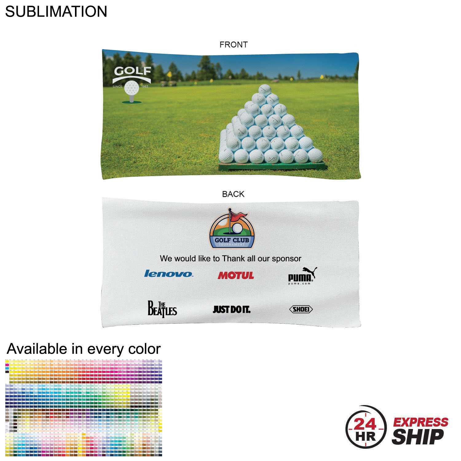24 Hr Express Ship - Golf Caddie Tournament Towel in Microfiber Terry, 22"x44", Sublimated 2 sides 7