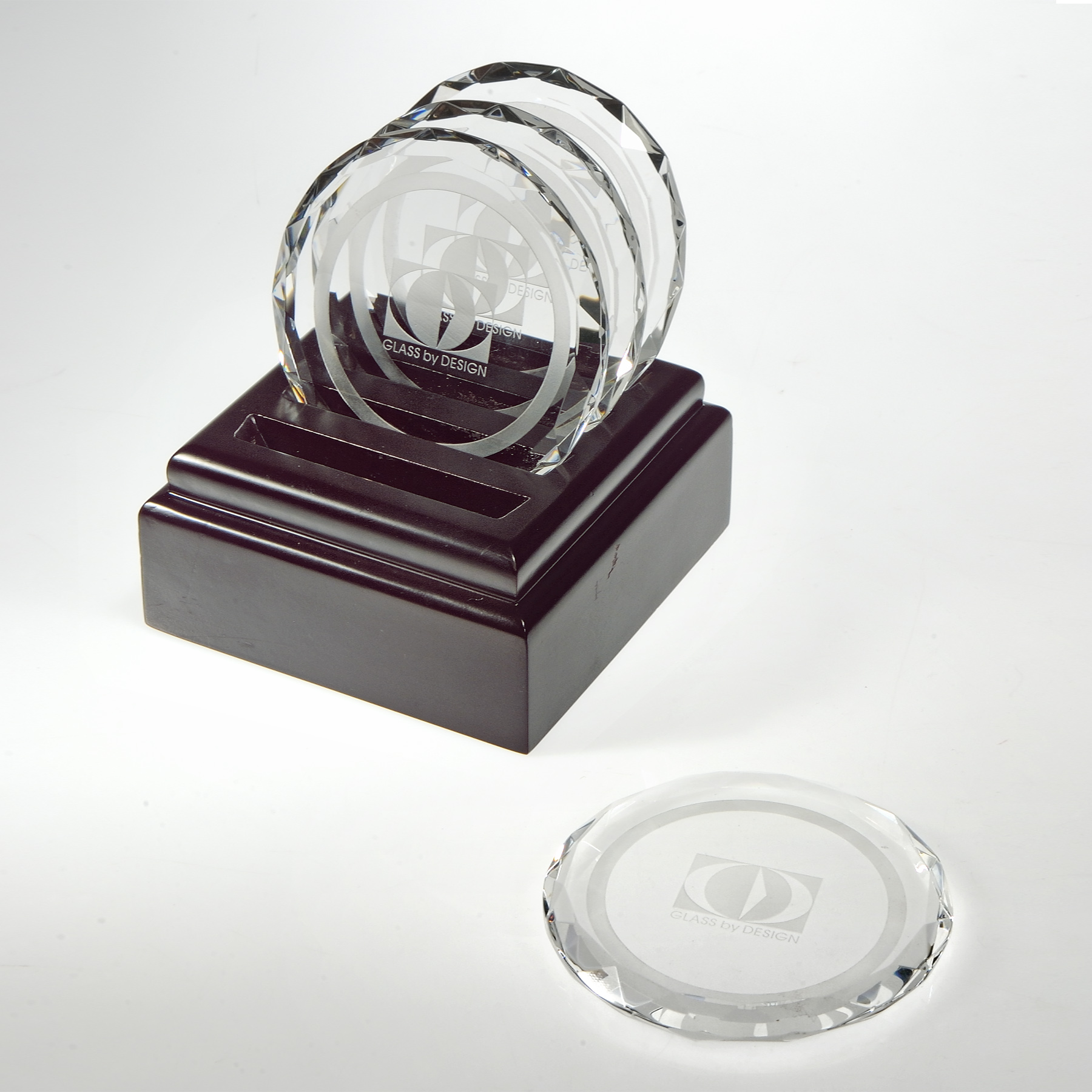 4pcs 3 1/2" Optical crystal coaster with wooden base 2