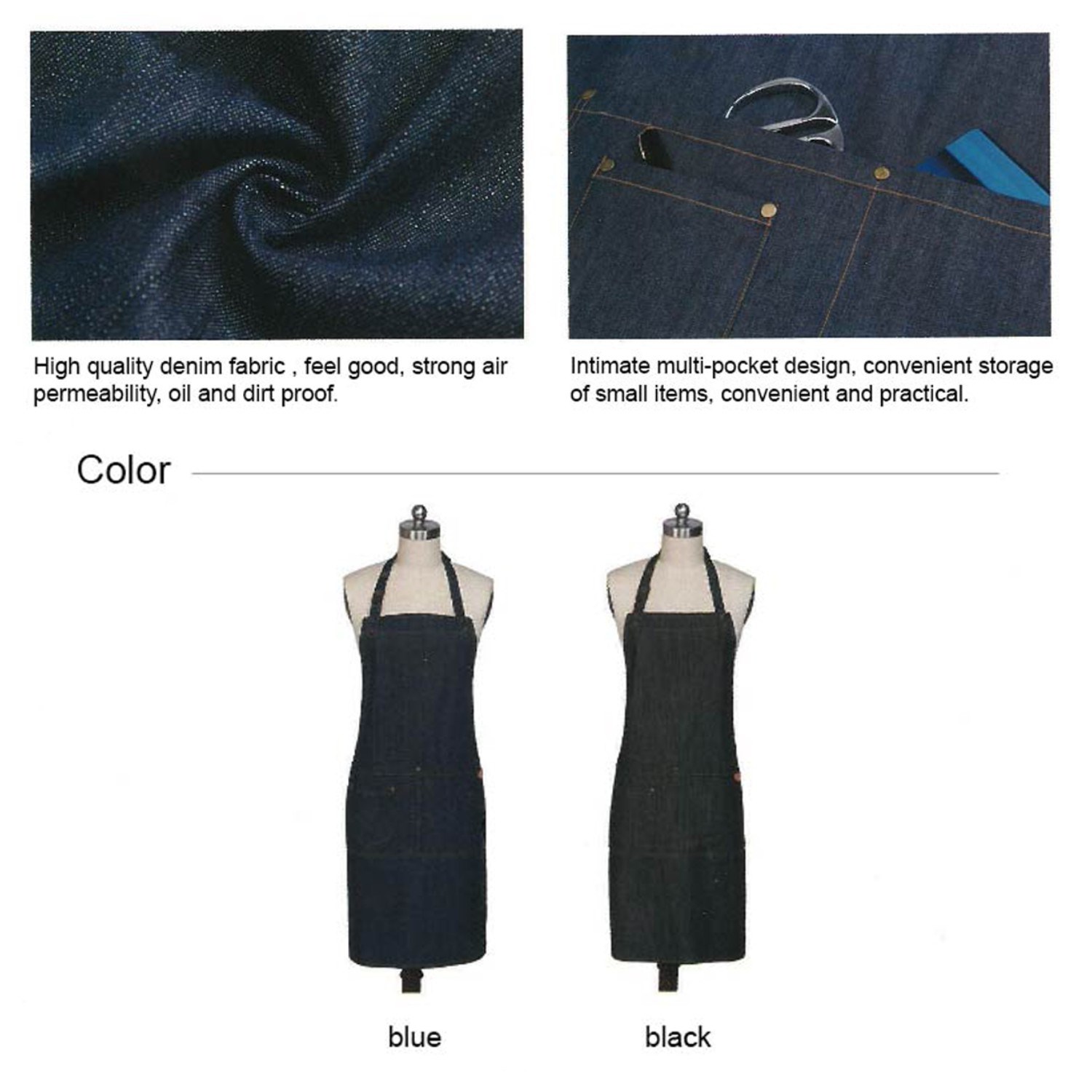 12 oz. Poly Denim Kitchen Aprons w/ Adjustable straps & 3 Pockets 3